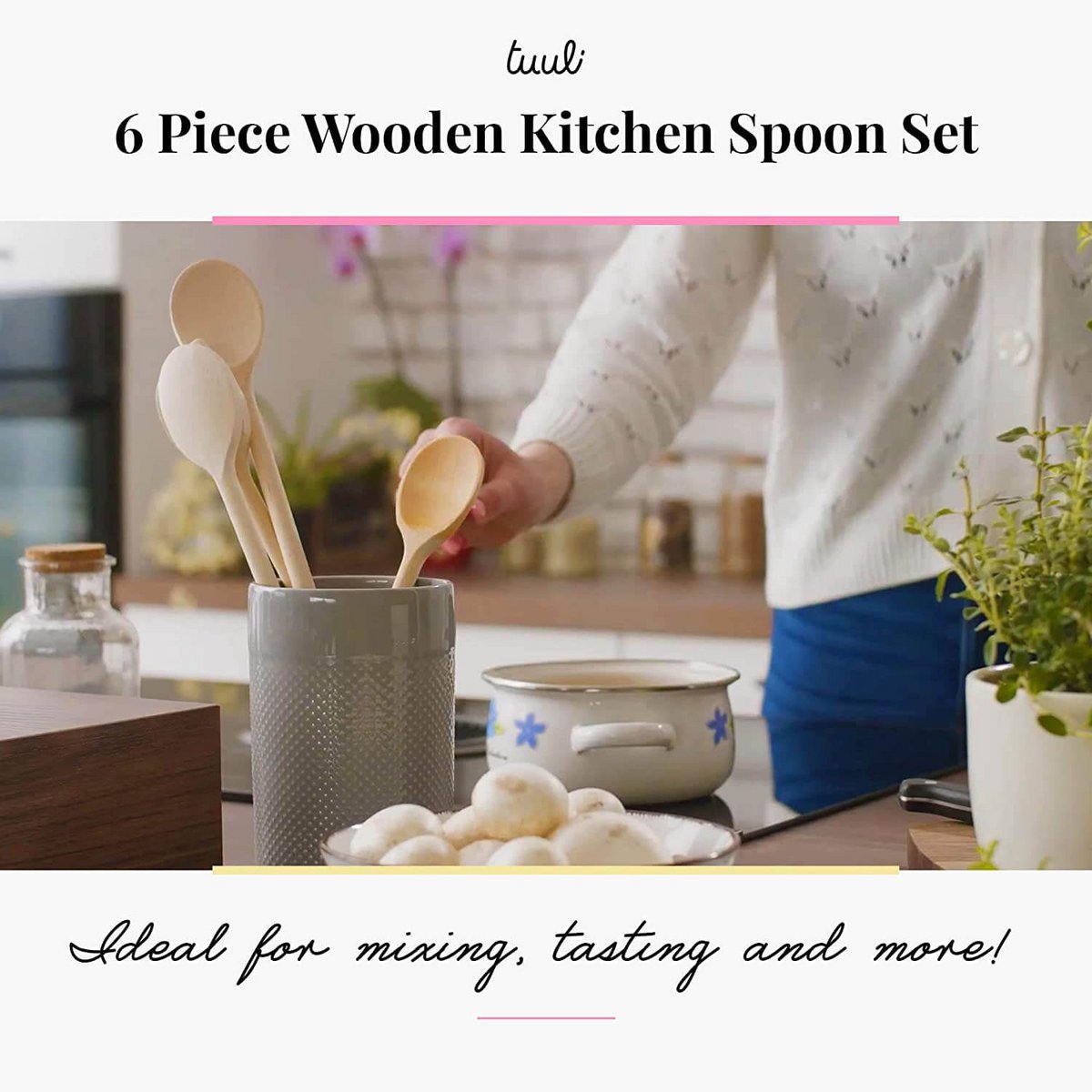 6 Piece Wooden Kitchen Spoon Set 20cm - 35cm