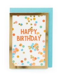  A colorful birthday card with the text "HAPPY BIRTHDAY" surrounded by confetti-like dots in various bright colors.