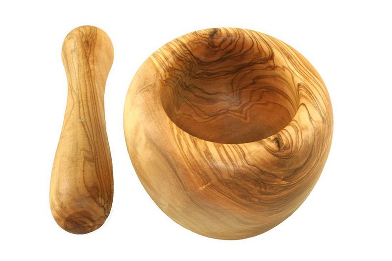 Mörser rund (ca. 12 cm Durchmesser)  inkl. Stößel aus Olivenholz