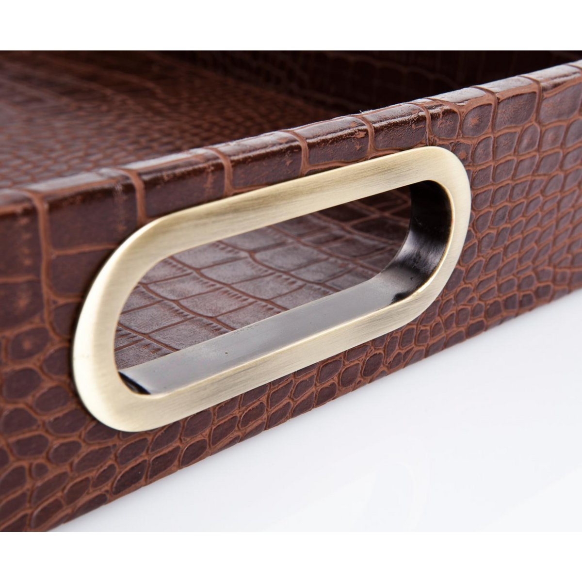 Plateau rectangulaire avec poignées en laiton crocodile marron clair