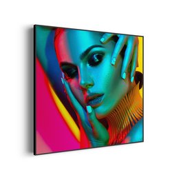 Colorful abstract painting of a woman's face with vibrant hues of blue, red, and orange. The painting has a modern, artistic style.