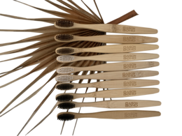 A set of 20 bamboo toothbrushes in various brown shades. The toothbrushes have a natural, eco-friendly design with a simple, minimalist style.