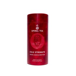 A red tin canister containing Zulu Strength tea, a blend of black tea leaves and herbs. The tin has a bold, red color and features an image of a lion, representing the strength and power of the tea.