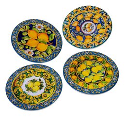 Yellow lemon motif coasters, blue border, round ceramic dolomite, set of four.