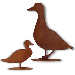 Rusty decorative duck on base plate, patina metal decoration for the garden. Available in two sizes, S and L.

The image shows a rusty, decorative metal duck sculpture on a base plate. The duck has an orange-brown patina finish, giving it a weathered, vintage appearance. The sculpture is placed on a grassy surface with some straw or twigs around it, creating a natural, garden-like setting. The product is available in two sizes, small (S) and large (L), to suit different garden spaces.