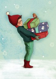 Whimsical holiday card featuring a cheerful elf carrying a stack of presents in a snowy scene.