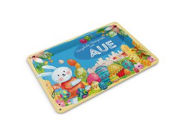 Colorful Easter tin postcard with bunny, eggs, flowers, blue background, German greeting text "AUE".