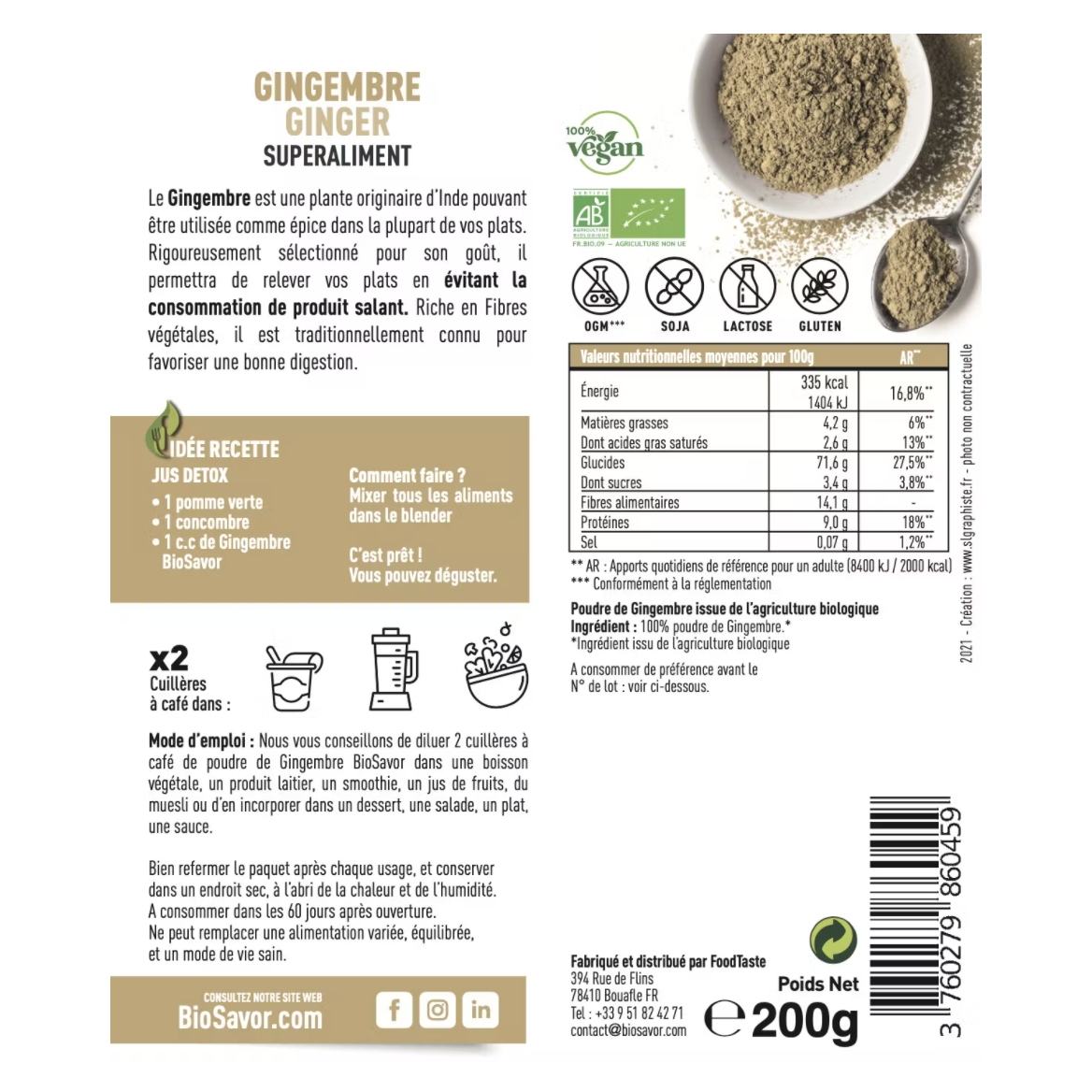 GINGEMBRE EN POUDRE - 200G - COMPLÉMENT ALIMENTAIRE