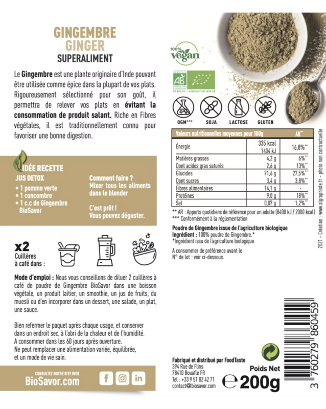 GINGEMBRE EN POUDRE - 200G - COMPLÉMENT ALIMENTAIRE