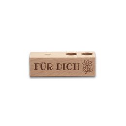 Wooden spice rack, natural wood color, rectangular shape, "Für Dich" text, decorative floral design, two compartments