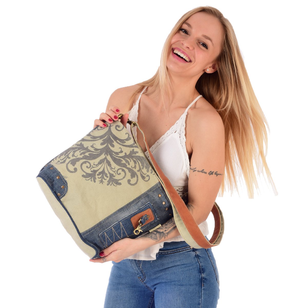 Sunsa dames schoudertas. Schoudertas gemaakt van upcycled jeans en canvas. Handtas vintage retro-stijl. Crossbodytas voor dames met print
