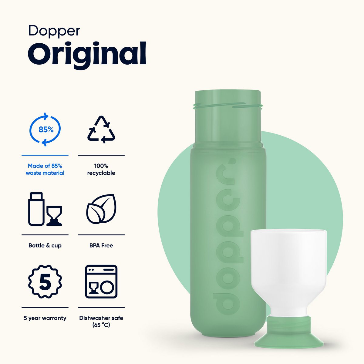 Dopper Original Botella de Agua Reutilizable Moody Mint 450ml