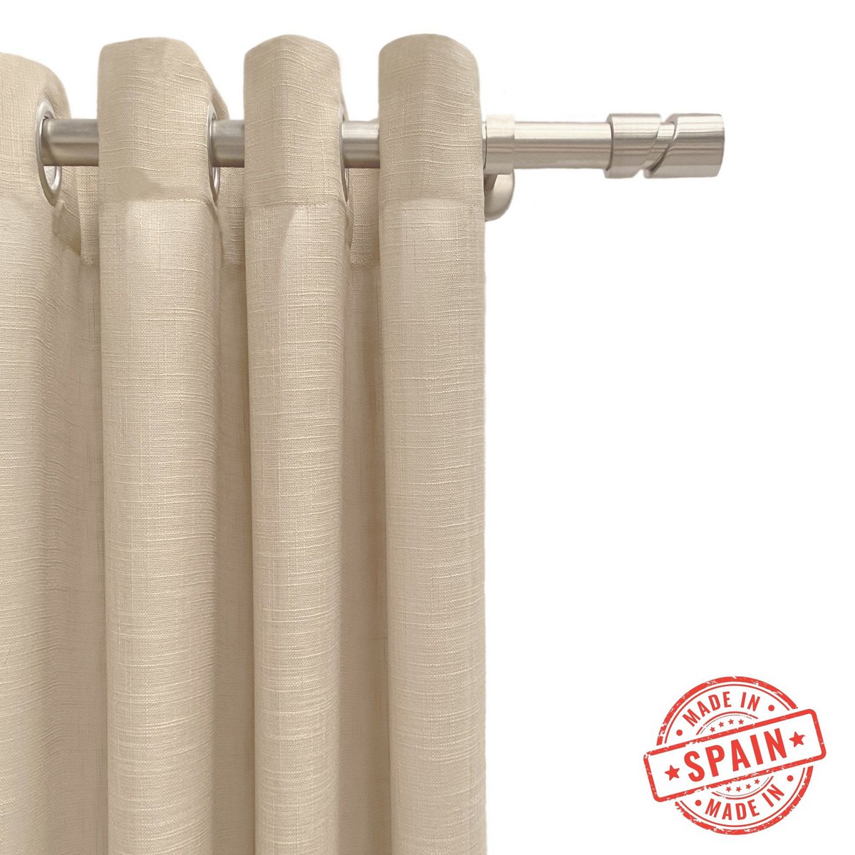 Doorschijnend gordijn gemaakt in oogjes. Kwaliteitsgordijnen gemaakt van gerecyclede materialen. Linnen kleur. Gordijnen voor woonkamer, slaapkamer en keuken.