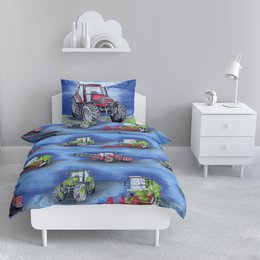 Biber bed linen set featuring tractors and combine harvesters in blue. Includes a variety of farm machinery depicted in the design. Suitable for a child's bedroom or farm-themed decor.