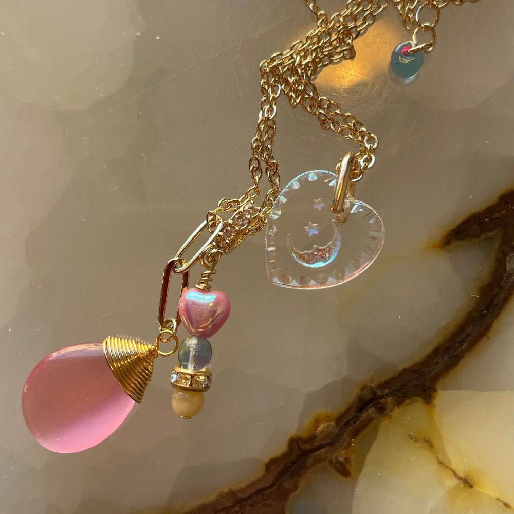 Pink gemstone pendant necklace with dainty chain gold plated