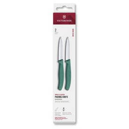 Two-piece green-handled paring knives, 8cm long, suitable for chopping and slicing tasks in the kitchen.