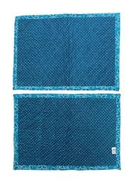 Turquoise quilted sari placemats, textured fabric, set of two, rectangular shape.
