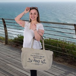 Sunsa Damen große Handtasche. XXL Tasche aus Canvas und Leder. Strandtasche/Weekender in Maritim-Motiv.