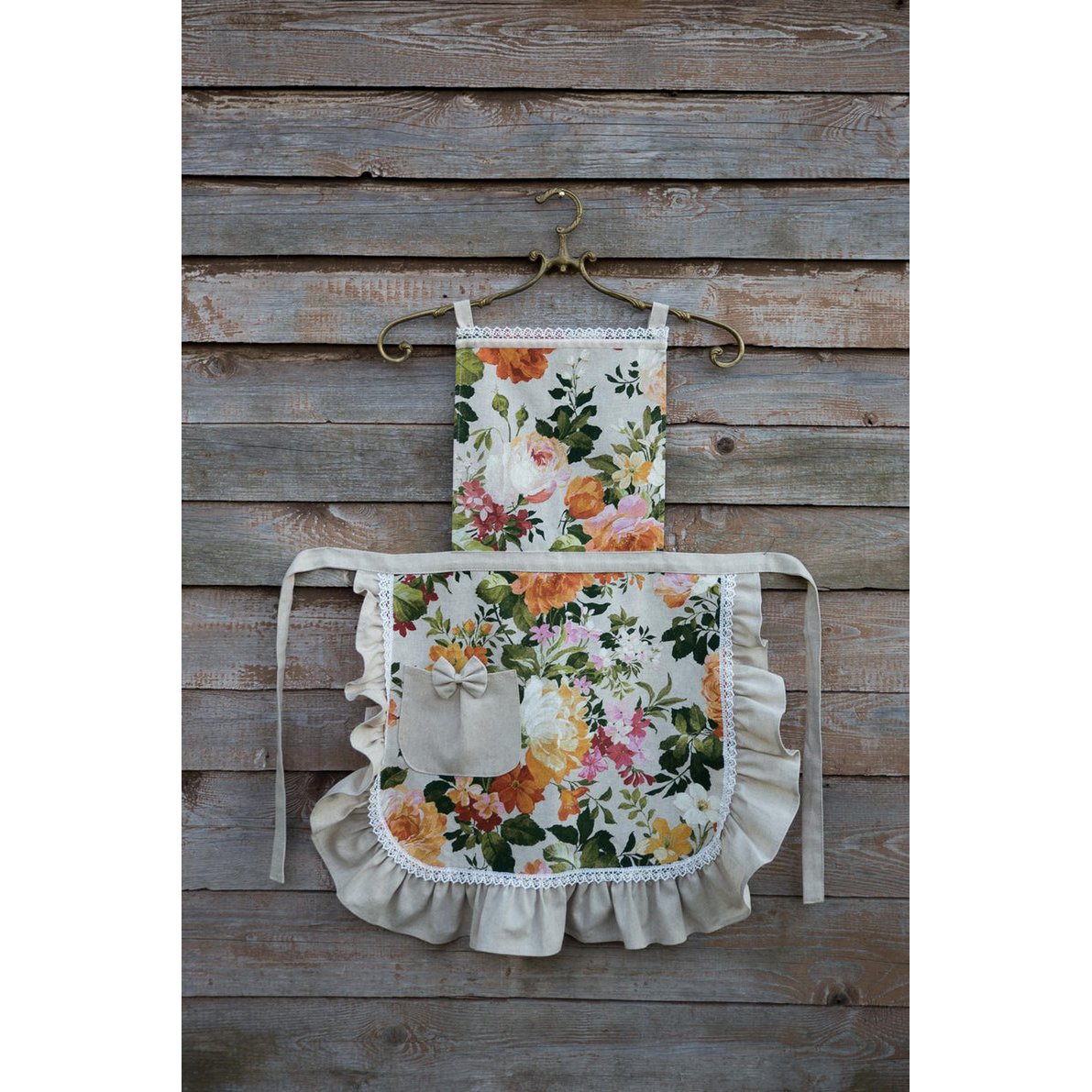 Ladies Apron with Ruffles, Poly-cotton Mix, Printed | Flower Big