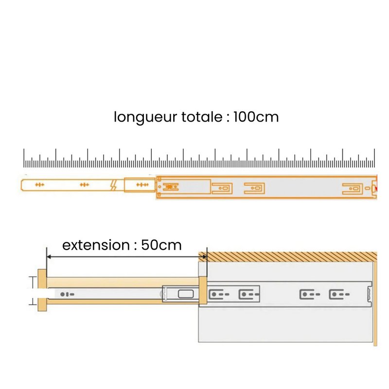2 x 100 cm kogelgelagerde ladegeleider - zware belasting 70 kg
