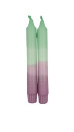 Tall dinner candles, minty green to lilac gradient, tapered shape, elegant two-tone color design.