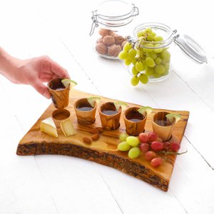 Set of 5 Handmade Olive Wood Shot Glasses with Serving Board