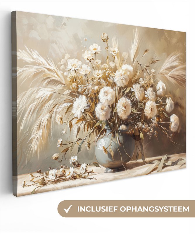 Lærredsmaleri - vægdekoration - blomster - lyserød - moderne - beige