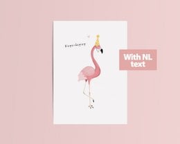 Festive flamingo birthday card with party hat, perfect for celebrating a special occasion.