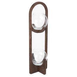 Tall, round wooden vase with two glass bowls for displaying flowers or plants. Made of dark brown wood with a modern, minimalist design.