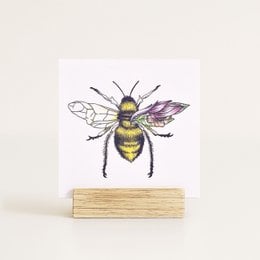 Colorful illustrated postcard featuring a detailed drawing of a bee with vibrant wings and body.