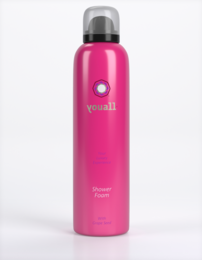 Shower foam with grape seed oil, pink in color, in a cylindrical bottle with a spray nozzle.