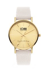A 36mm gold-tone watch with a coconut milk-colored leather strap. The dial features the CO88 logo and a simple, minimalist design.