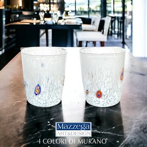 White glass tumbler glasses blowed and handmade glass with Murrine di Murano, "I Colori di Murano" line 350 ml. Made in Italy