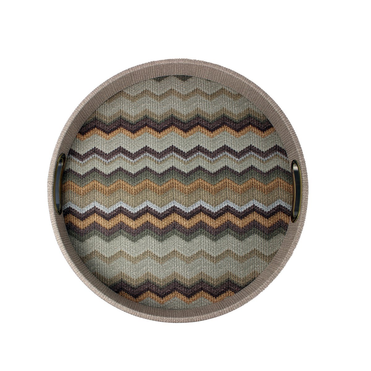 Rond bruin dienblad met zigzagpatroon met messing handgrepen