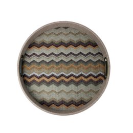 Rond bruin dienblad met zigzagpatroon met messing handgrepen