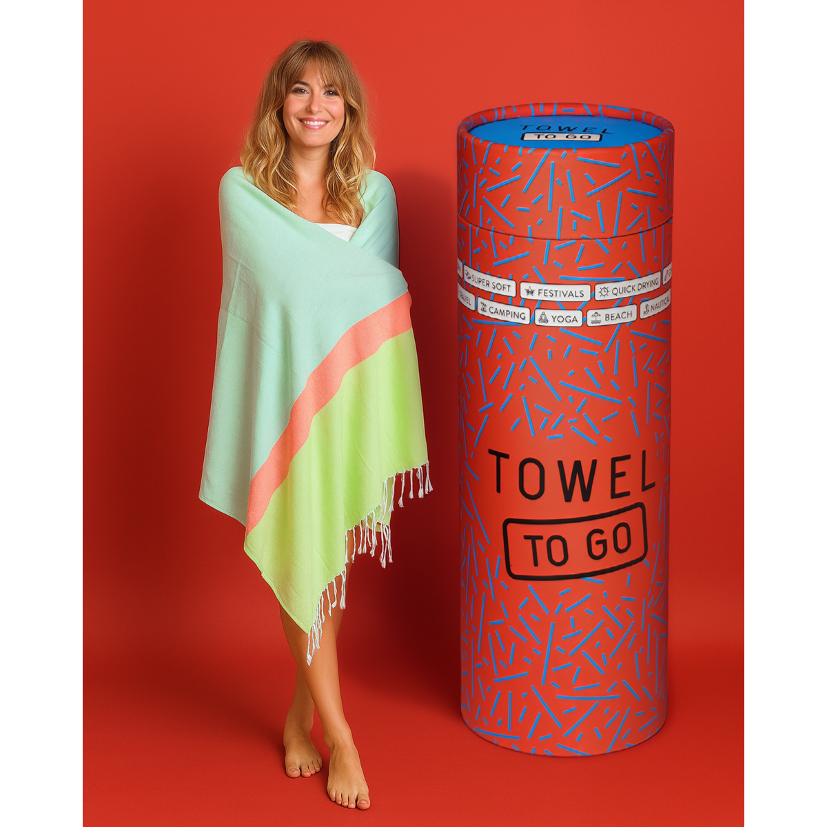 TOWEL TO GO NEON Recycled Cotton Beach Towel 180x100 cm | Sand Free | Green / Blue | with Gift Box