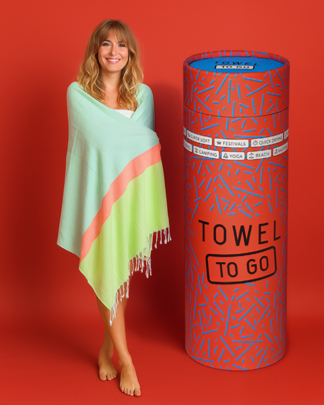 TOWEL TO GO NEON Recycled Cotton Beach Towel 180x100 cm | Sand Free | Green / Blue | with Gift Box