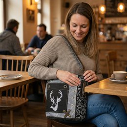 Traditionele tas van Domelo. Dames schoudertas. Dirndl schoudertas gemaakt van canvas en leer. Handtas in traditionele stijl met hertenedelweissprint. Crossbodytas voor dames als Oktoberfest-accessoire.