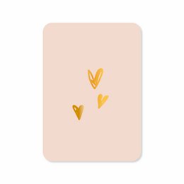 Card with three gold foil hearts on a light pink background. Romantic love-themed greeting card.
