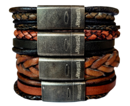 Handcrafted leather and bead charm bracelet for men, featuring a mix of brown, orange, and black tones. The bracelet has a sleek metal clasp closure for a secure fit.