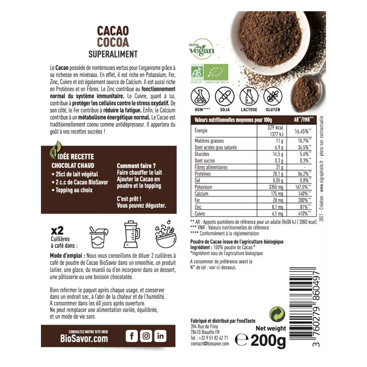 CACAO EN POUDRE - 200G - ERGÄNZUNG DER NAHRUNGSMITTEL