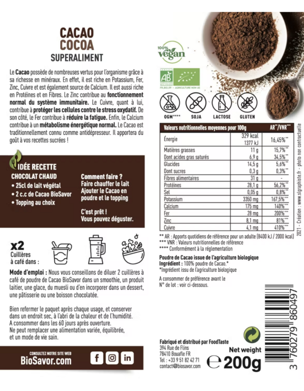 CACAO EN POUDRE - 200G - ERGÄNZUNG DER NAHRUNGSMITTEL