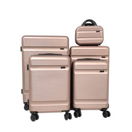 Rose gold hard-shell luggage set with spinner wheels, ribbed texture, carry-on and checked sizes.