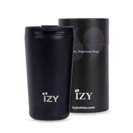 Black 350ml coffee mug with Izy branding. Durable, double-walled construction keeps drinks warm for 6 hours and cool for 12 hours.