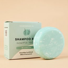 Solid shampoo bar with eucalyptus and tea tree oils, suitable for all hair types. Gentle cleansing and nourishing formula.