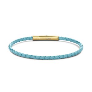 CO88 Collection 8CB-90912 Stalen Armband - Dames - Leer - Gevlochten - 18.5 cm - Turkoois - 3 mm - Goudkleurig