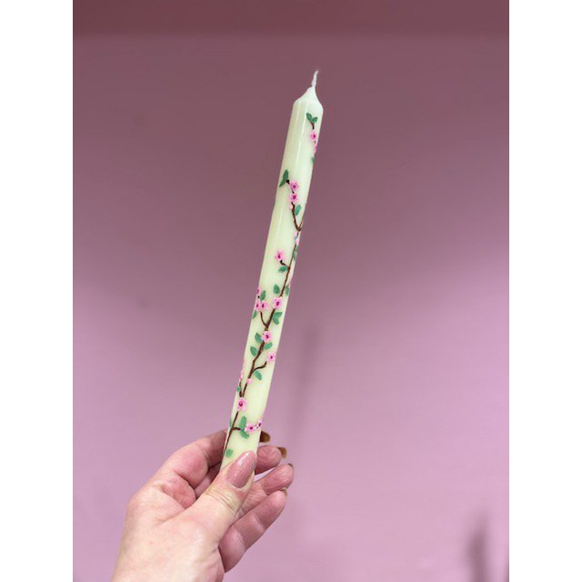 Bougie de table peinte à la main Ecru | Fleur rose