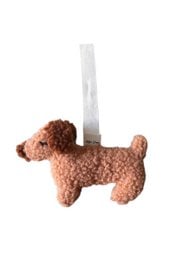 Brown plush dog-shaped pacifier clip accessory.