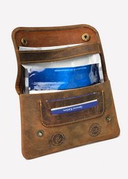 Vintage tobacco case in brown leather with metal accents, designed for storing and carrying tobacco products.