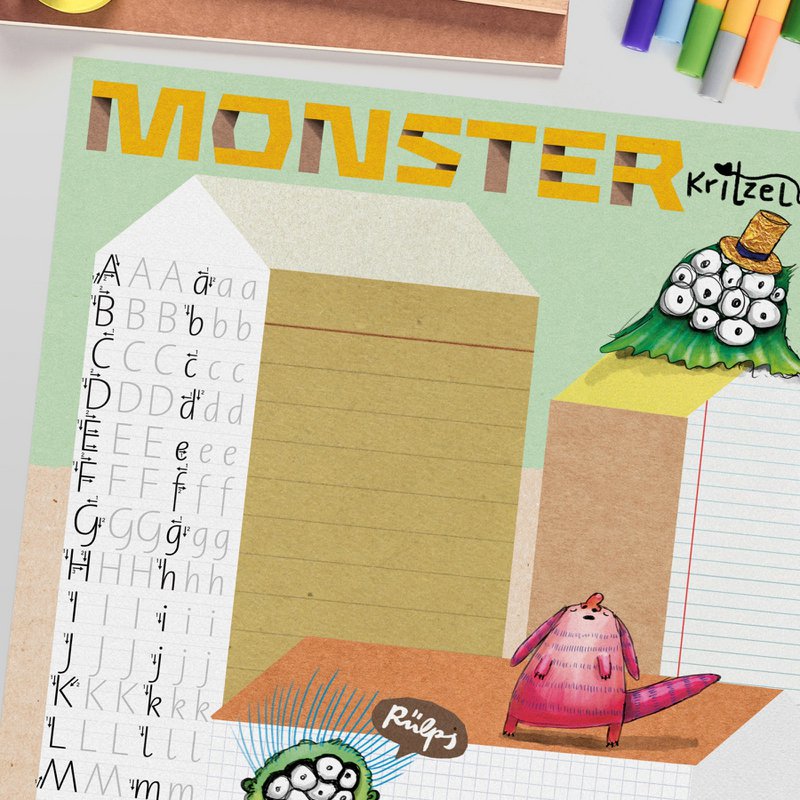 Schreibtischunterlage Monster – Kritzelunterlage mit ABC